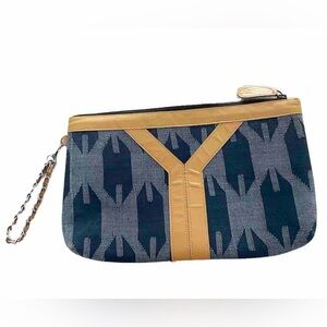 Noonday Collection Blue Patterned Wristlet Clutch Leather Trim Chain Strap